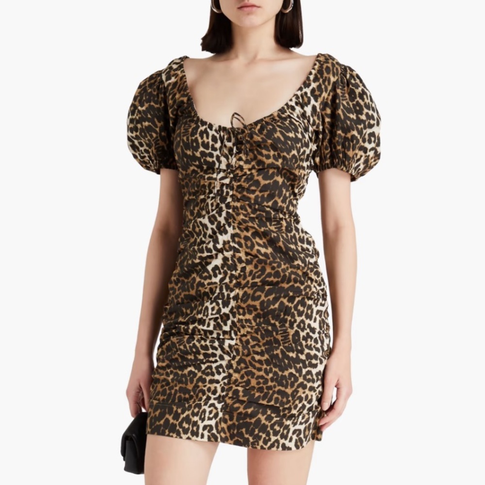 GANNI Ruched leopard-print cotton mini dress Size DE 42 US 12 NWOT
